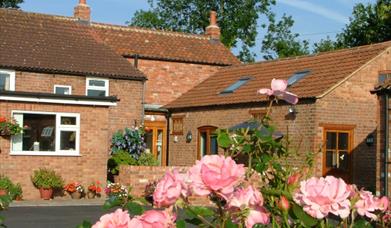 The exterior of a complex of cottages with plants and roses decorating the outside.